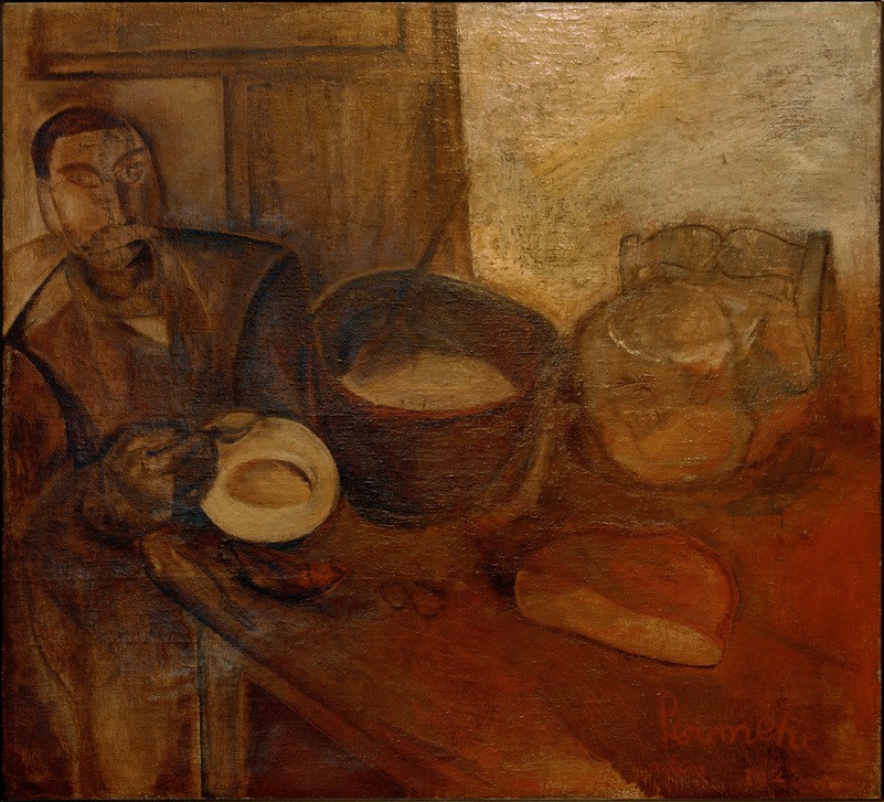 Constant Permeke, Die Breiesser (ARBEITER, ARMUT, BROT, ESSEN UND TRINKEN,  MANN, TISCH, Schüssel, Brei, Brot, Expressionismus, Wunschgröße, Klassische Moderne, Wohnzimmer)
