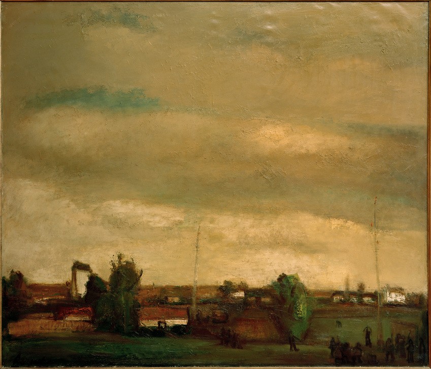 Constant Permeke, Dorf und Bogenschießen (BOGENSCHIESSEN, DORF, FLÄMISCHE KUNST, HIMMEL (NATUR), KUNST, LANDSCHAFT, SPORT, EXPRESSIONISMUS, BELGISCHE KUNST, LANDLEBEN, DORFLEBEN)