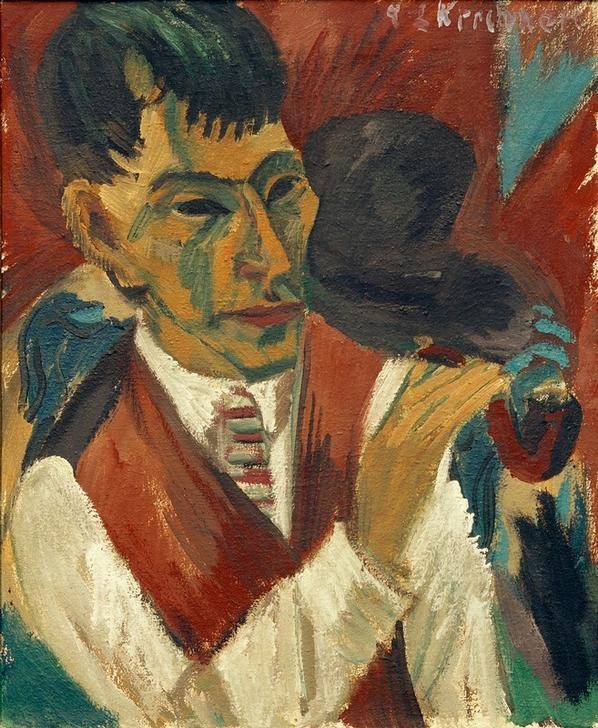 Ernst Ludwig Kirchner, Otto Mueller mit Pfeife (Deutsche Kunst,Grafiker,Herrenmode,Künstler,Kunst,Maler (Künstler),Mann,Mode,Pfeife (Tabak),Rauchen,Portrait,Expressionismus,Die Brücke,Weste,Halbfigur,Person,Raucher,Signatur)