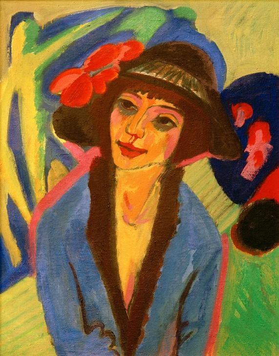 Ernst Ludwig Kirchner, Bildnis Gerda (Damenhut,Damenmode,Deutsche Kunst,Frau,Kunst,Mensch,Mode,Schönheit,Hut,Portrait,Expressionismus,Die Brücke,Junge Frau,Halbfigur)