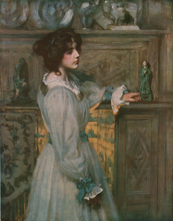 James Jebusa Shannon, Träumereien (Damenmode,Feuer,Frau,Kunst,Träumerei (Phantasie),Traum,Portrait,Melancholie,Amerikanische Kunst,Licht,Kleid,Us-Amerikanische Kunst,Frauenleben,Jahrhundertwende,Denken,Band,Verzierung,Frisur,Kamin)