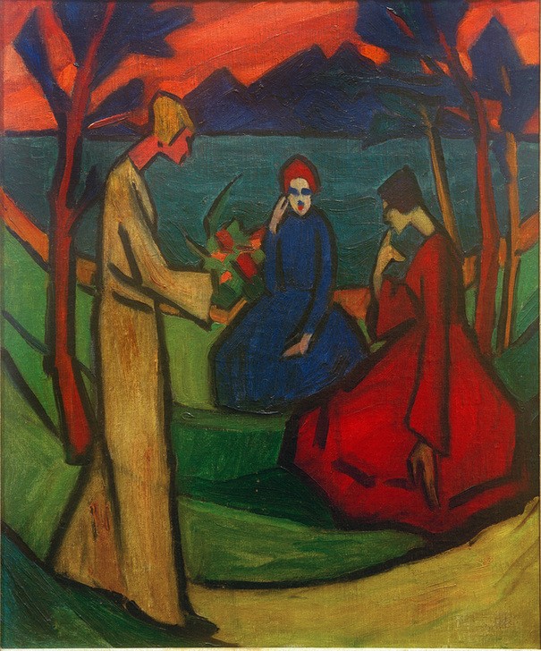 Erma Barrera-Bossi, Drei Frauen (Trio) (Frauen, Freizeit, See, Sommer, Menschen,  Klassische Moderne, Expressionismus, Wunschgröße, Wohnzimmer)
