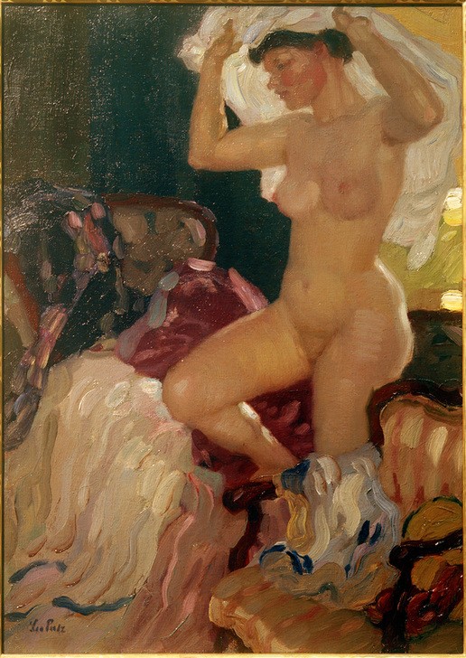 Leo Putz, Der Morgen  (Aktmalerei, nackte Frau, Bett, Aufstehen, ankleiden, Wunschgröße, Impressionismus, Klassische Moderne, Schlafzimmer, Wohnzimmer,)