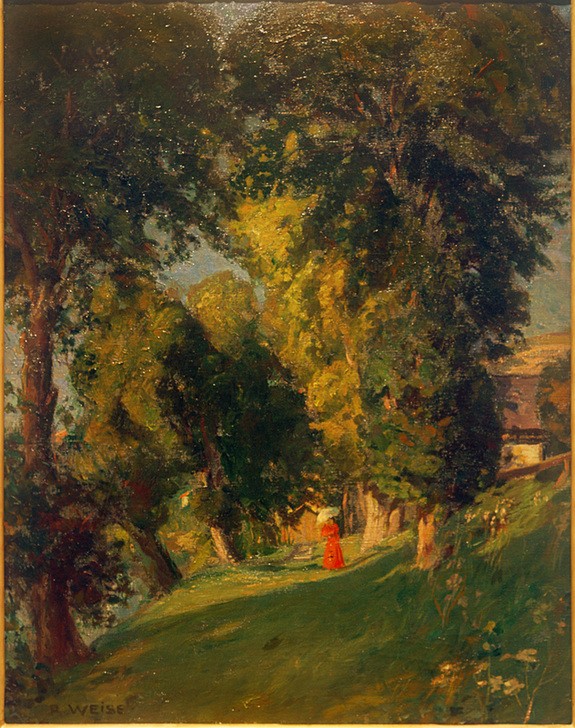 Robert Weise, Parklandschaft  (Mensch und Gesellschaft, Park, Parkweg, Spaziergängerin, Bäume, Impressionismus, Klassiker, Wunschgröße, Wohnzimmer,)