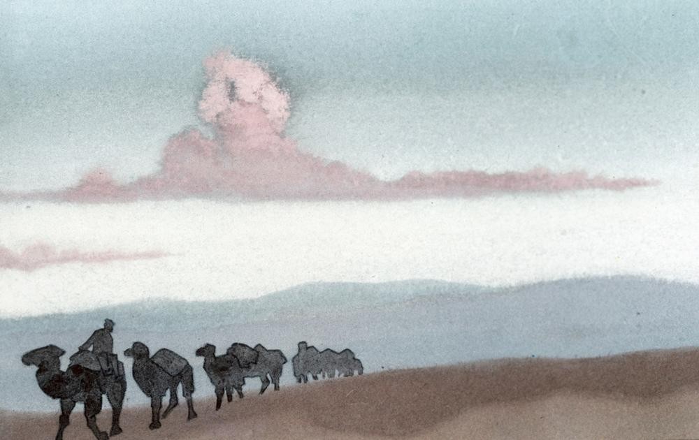 Nikolai Roerich, Caravan in the Desert (Karawane, Wüste, Kamele, Wolken, Expressionismus, mystisch, klassische Moderne, Wunschgröße,  Wohnzimmer, Malerei)