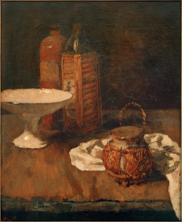 Carl Schuch, Stillleben mit Marasquinoflasche und Schale  (Stillleben, Flaschen, Holztisch, Porzellanschale, Realismus, Wiener Moderne, Wunschgröße, Esszimmer)
