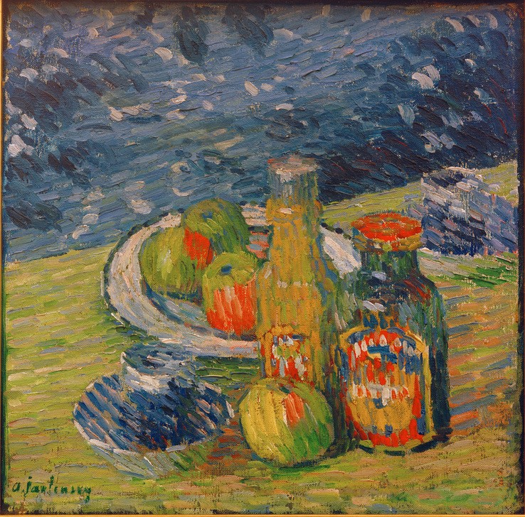 Alexej von Jawlensky, Stillleben mit Flaschen, Obstschale und Tasse 