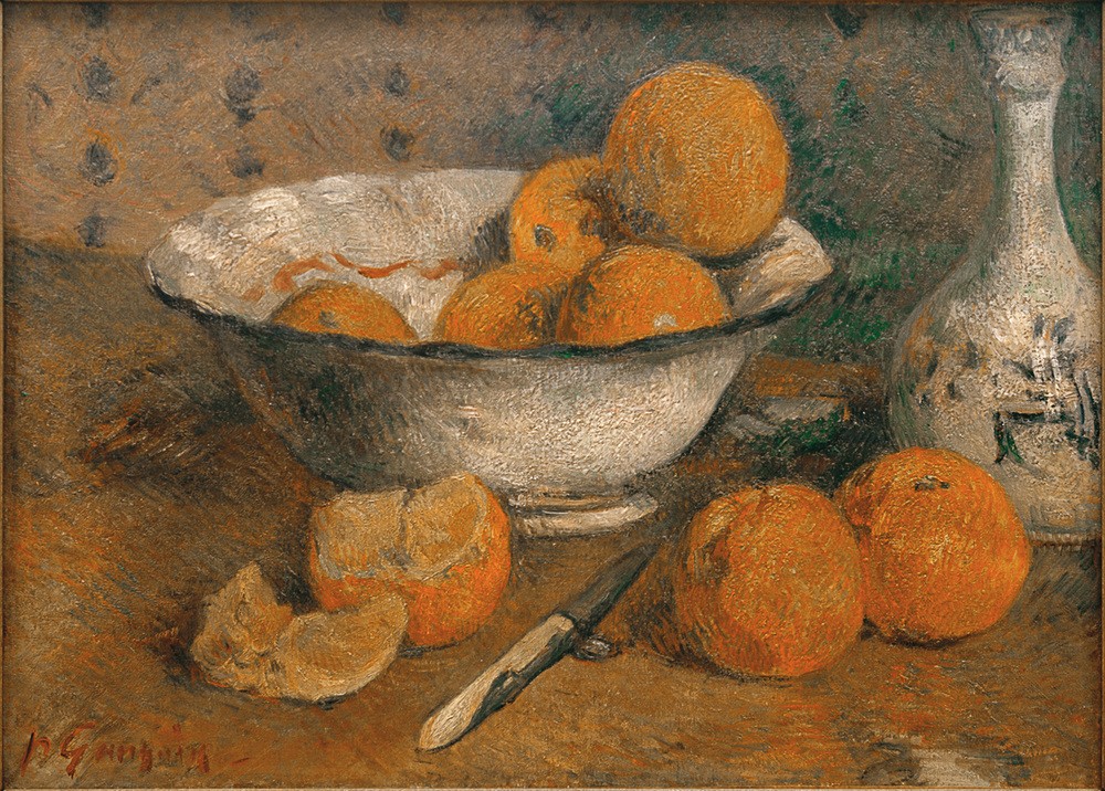 Paul Gauguin, Stillleben mit Orangen  (Stillleben, Obstschale, Orangen, Messer, Vase, Wunschgröße, Klassische Moderne, Impressionismus, Malerei,  Wohnzimmer, Esszimmer, bunt)