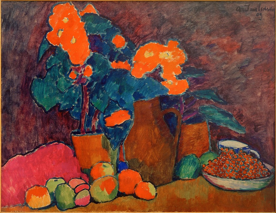 Alexej von Jawlensky, Stillleben mit Blumen, Obst und Flasche 