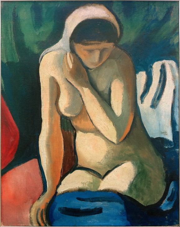 August Macke, Nacktes Mädchen mit Kopftuch  (Aktmalerei, junge Frau, nackt, Expressionismus, Wohnzimmer, Klassische Moderne, Wunschgröße, Malerei)