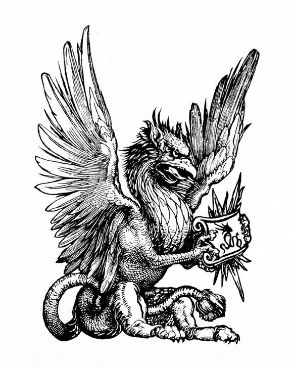 Lucas Cranach der Ältere, Signet (Greif) (Deutsche Kunst,Heraldik,Kunst,Mythologie,Familienwappen,Renaissance,Fabelwesen,Greif,Montage,Firmenlogo,Wappentier,Emblem,Signet,Wappen)
