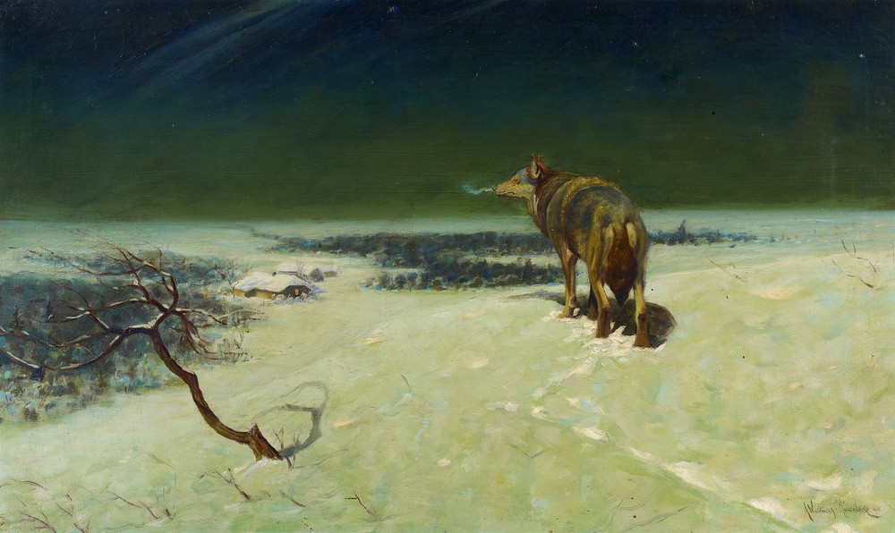 Alfred von  Wierusz-Kowalski, Einsamer Wolf in Winterlandschaft (Winterlandschaft, Nacht, Landschaftsmalerei, Schnee, Wolf, Tier, Raubtier, einsam, Kälte, Horizont, Realismus,  Malerei, Klassiker, Wunschgröße, Wohnzimmer)