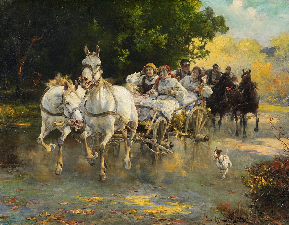 Alfred von  Wierusz-Kowalski, Fröhliche Kutschfahrt im Sommer (Gesellschaft, Kutsche, Kutschfahr, Schimmel, Pferde, spaß, vergnügen, Sommer, Realismus,  Malerei, Klassiker, Wunschgröße, Wohnzimmer)