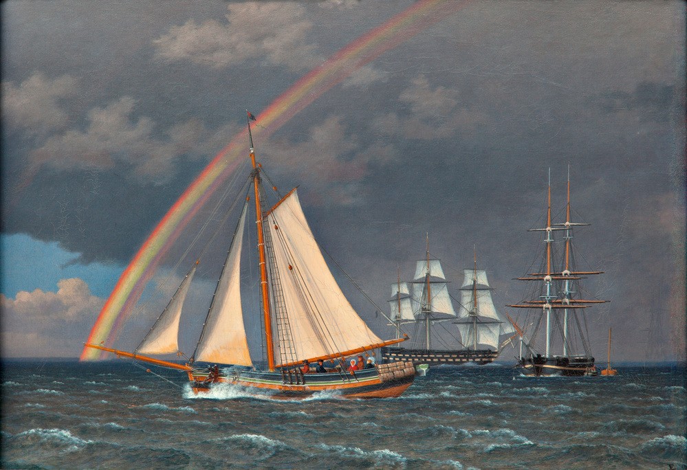 Christoffer-Wilhelm Eckersberg, Rainbow over the Lake, 1836 (Boot, Segelschiff, Segelboot, Marinemalerei,   Meer, Regenbogen, Wolken, maritim, Klassizismus, Wunschgröße, Klassiker, Wohnzimmer,)