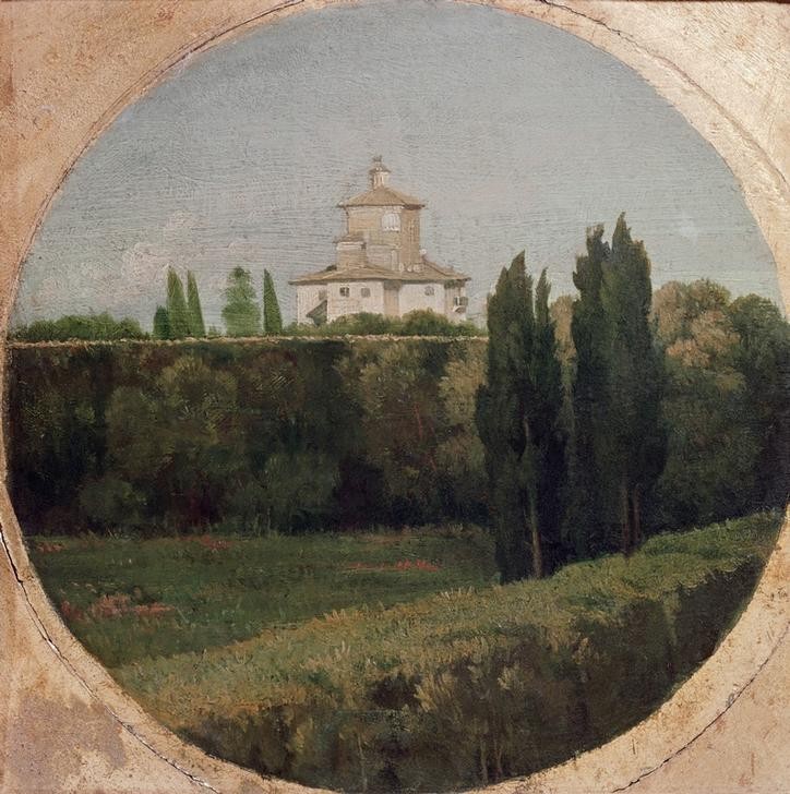 JEAN-AUGUSTE-DOMINIQUE INGRES, Blick auf das Belvedere der Villa Borghese in Rom (Garten Und Park,Geographie,Landschaft,Park,Klassizismus,Bilderrahmen,Tondo,Architekturdarstellung,Französische Kunst,Zypresse,Topographie)