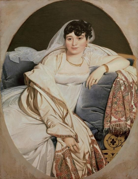 JEAN-AUGUSTE-DOMINIQUE INGRES, Madame Rivière (Damenmode,Frau,Kunst,Mensch,Mode,Schmuck,Klassizismus,Schleier,Schal,Portrait,Kissen,Empire,Stola,Schultertuch,Französische Kunst,Kleid,Chaise-Longue,)