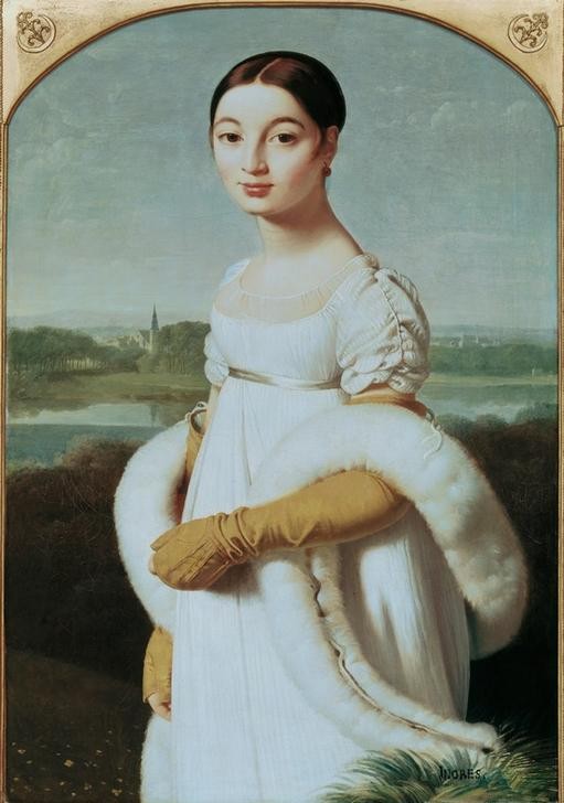 JEAN-AUGUSTE-DOMINIQUE INGRES, Mademoiselle Caroline Rivière (Damenmode,Frau,Handschuh,Mode,Schönheit,Klassizismus,Portrait,Empire,Französische Kunst,Kleid,Teint,Pelzstola,Junge Frau, Kniestück)