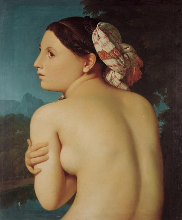 JEAN-AUGUSTE-DOMINIQUE INGRES, La Baigneuse (Körperpflege,Bad Im Freien,Bad,Frau,Haarmode,Klassizismus,Portrait,Rückenakt,Französische Kunst,Scham,Halbakt,Profil,Junge Frau,Tuch)
