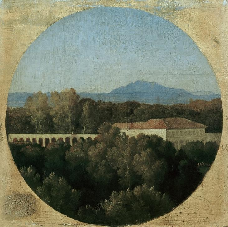 JEAN-AUGUSTE-DOMINIQUE INGRES, Römische Landschaft mit dem Aquädukt der Villa Borghese (Aquädukt,Geographie,Landschaft,Wasserversorgung,Klassizismus,Tondo,Architekturdarstellung,Französische Kunst,Topographie)