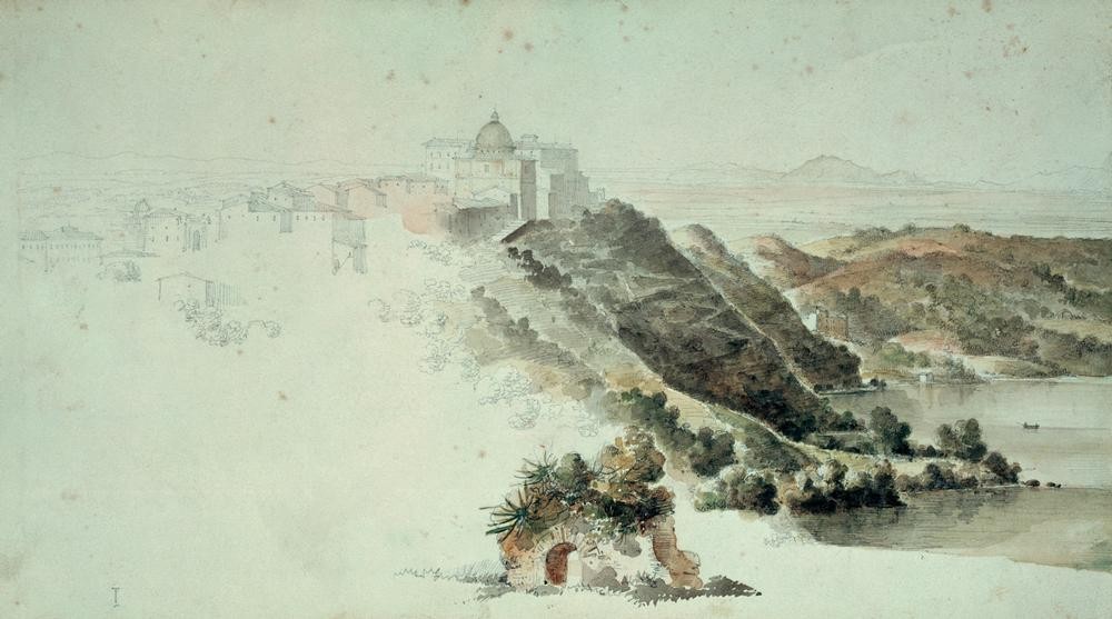 JEAN-AUGUSTE-DOMINIQUE INGRES, Blick auf Castel Gandolfo und den Albanersee (Geographie,Papst,Klassizismus,Architekturdarstellung,Französische Kunst,Topographie,Sommerresidenz)