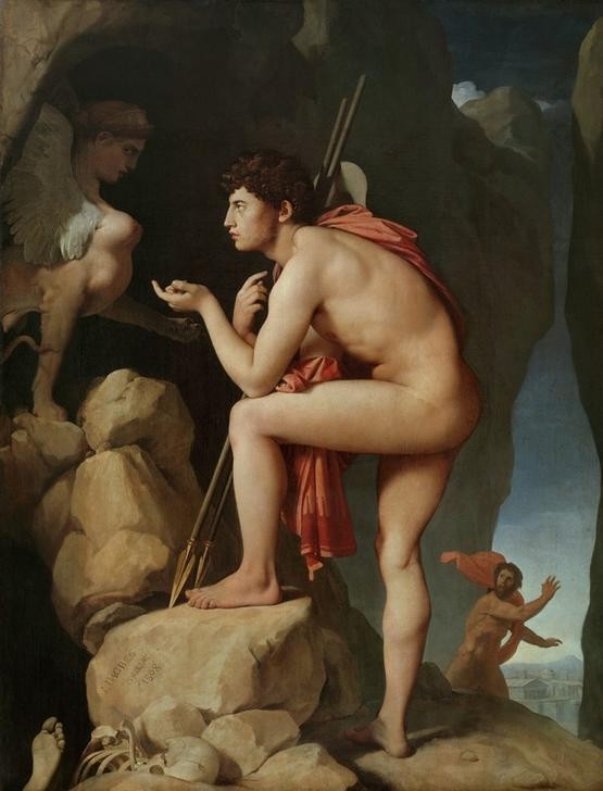 JEAN-AUGUSTE-DOMINIQUE INGRES, Oedipe explique l’énigme du sphinx (Mann,Mythologie,Sphinx,Waffe,Klassizismus,Akt,Fabelwesen,Gestik,Speer,Rätsel,Französische Kunst,Zeigefinger,Griechisch-Römische Mythologie)