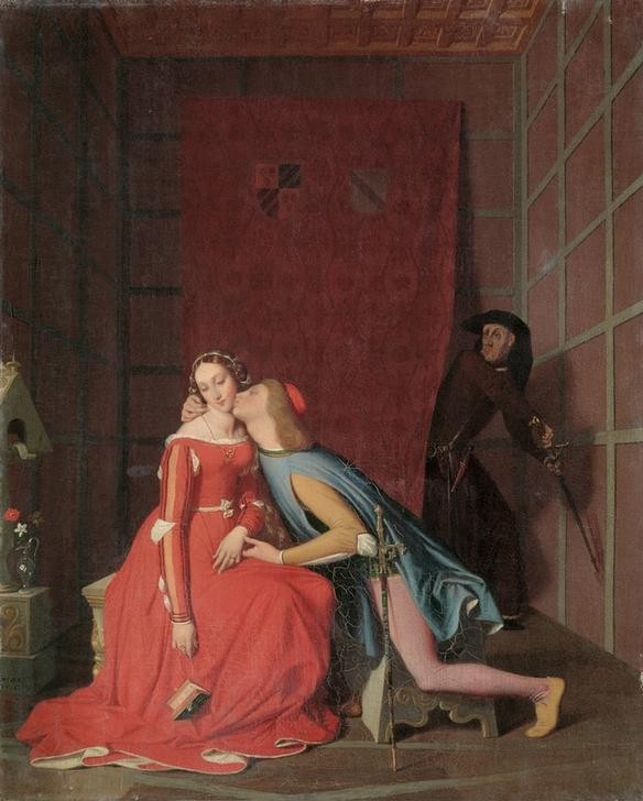 JEAN-AUGUSTE-DOMINIQUE INGRES, Paolo und Francesca, von Gianciotto überrascht (Eifersucht,Liebespaar,Literatur,Kuss,Ehebruch,Überraschung,Französische Kunst,Poesie,Gehörnter Ehemann,In Flagranti,Person)
