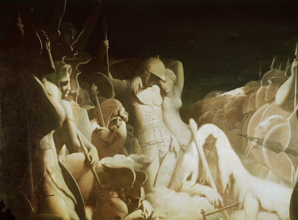 JEAN-AUGUSTE-DOMINIQUE INGRES, Le songe d’Ossian (Harfe,Sage,Held,Literatur,Traum,Instrument,Klassizismus,Legende,Greis,Inspiration,Phantastische Kunst,Fabel,Französische Kunst,Barde,Schlafen (Schlaf))