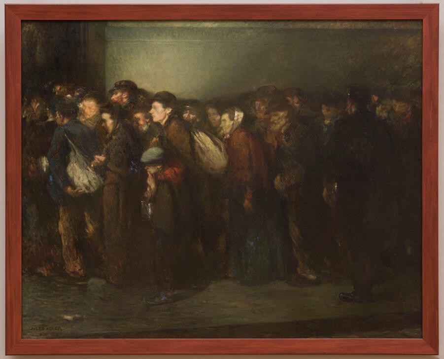 Jules Adler, Die Suppe der Armen (ARMUT, FRAU, GESELLSCHAFT, KIND, KOPFBEDECKUNG, KUNST, MANN, MENSCH, SOZIALES, NAHRUNGSMITTEL, SUPPE, MENSCHENSCHLANGE, FRANZÖSISCHE KUNST, WARTEN, ALTER MANN, ÖLFARBE, KÄLTE, ALTE FRAU, WESTEUROPÄISCHE KUNST, SUPPENKÜCHE)