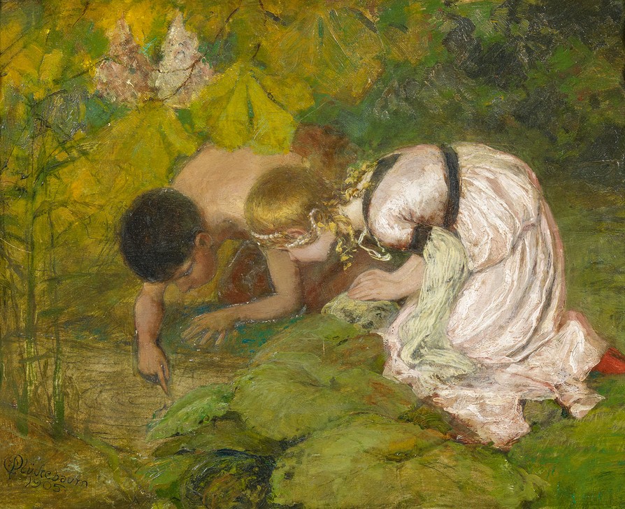 Carl Plueckebaum, Kinder am Waldbach (Kinder, Junge, Mädchen, Bach, Natur, Neugier, Genre, Neoimpressionismus,  Wunschgröße, Wohnzimmer)