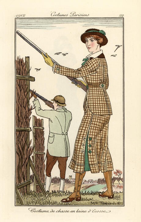 Maurice Taquoy, Unbekannt (FASAN, FRAU, JAGD, ORIENTALISMUS, ART DECO, SCHROTFLINTE, ILLUSTRATION, BELLE EPOQUE, ROCK, JACKE, SCHABLONE, FASHION)