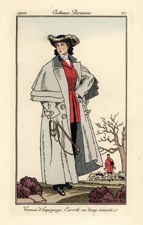 Maurice Taquoy, Unbekannt (Dame, Frau, Reiterin, Reitbekleidung, Mantel, Peitsche, Jagdgesellschaft, Art Deco, Klassiker, Grafik, Wunschgröße, Treppenhaus, Wohnzimmer)