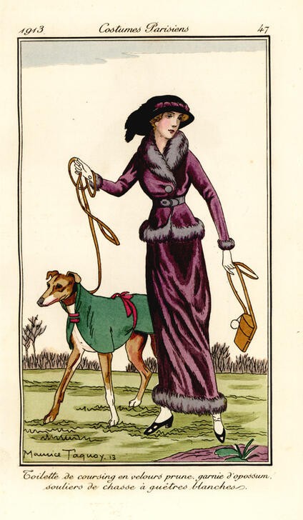 Maurice Taquoy, Unbekannt (FRAU, MANTEL, HUND, ORIENTALISMUS, ART DECO, ILLUSTRATION, BELLE EPOQUE, SCHABLONE, FASHION)