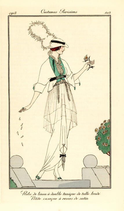 Victor Lhuer, Unbekannt (DAMENHUT, DAMENMODE, FRAU, MODE, ORIENTALISMUS, HAUSGARTEN, ART DECO, FRANZÖSISCHE KUNST, KOPFSCHMUCK, ELEGANZ, ILLUSTRATION, HAUTE COUTURE, BELLE EPOQUE, JACKE, SATIN, SCHABLONE, MODEZEICHNUNG, FASHION)