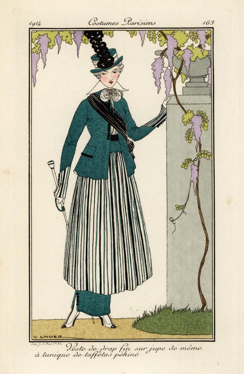 Victor Lhuer, Unbekannt (DAMENHUT, DAMENMODE, FRAU, MODE, HUT, ORIENTALISMUS, ART DECO, FRANZÖSISCHE KUNST, KOPFSCHMUCK, ELEGANZ, ILLUSTRATION, HAUTE COUTURE, BELLE EPOQUE, TUNIKA, TAFTSEIDE, SCHABLONE, MODEZEICHNUNG, FASHION)