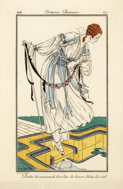 Victor Lhuer, Unbekannt (DAMENMODE, FRAU, MODE, ORIENTALISMUS, STOCK, SEIDE, ART DECO, FRANZÖSISCHE KUNST, KOPFSCHMUCK, KLEID, ELEGANZ, ILLUSTRATION, HAUTE COUTURE, BELLE EPOQUE, SCHABLONE, MODEZEICHNUNG, FASHION)