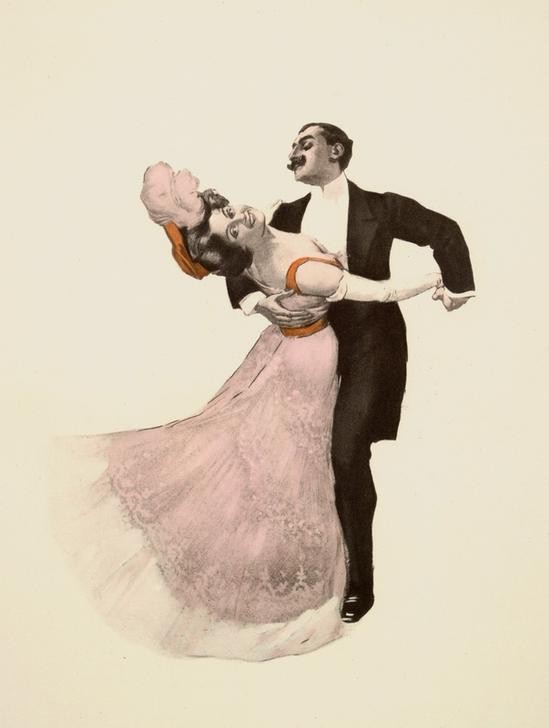 Ferdinand von Reznicek, Seeligkeit (Gesellschaftstanz,Jugendstil,Mode,Tanz,Walzer,Feder,Österreichische Kunst,Kleid,Paar)