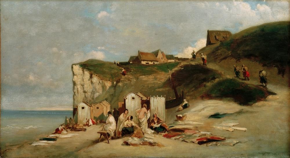 Carl Spitzweg, Badende Frauen am Meer bei Dieppe (Bad Im Freien,Bad,Deutsche Kunst,Freilichtmalerei,Frau,Küste,Kunst,Landschaft,Freizeit,Seebad,Strand,Reise,Kopie,Französische Kunst,Im Freien (Allgemein),Frauenleben,Steilküste,Umkleidekabine,Gemeinschaftsbild)