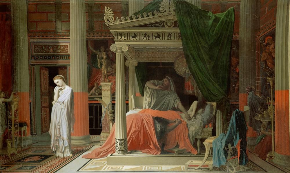 JEAN-AUGUSTE-DOMINIQUE INGRES, Antiochus und Stratonike (Arzt,Diagnose,Geschichte,Medizin,Schlafzimmer,Höfische Gesellschaft,Französische Kunst,Scham,Heimliche Liebe,Liebeskranke,Seleukiden,Unglückliche Liebe,Pulsfühlen,Bescheidenheit,Diadochen,Diagnostik,Liebeskranker,Person)