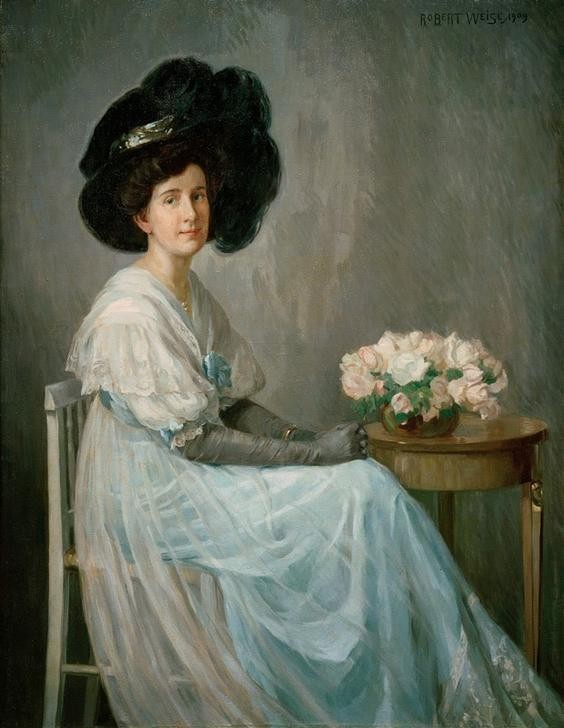 Robert Weise, Bianca Weise  (Mensch und Gesellschaft, Portrait, Dame, Frau, Künstlergattin, sitzende, Eleganz, Mode, Hut, Blumebouquet, Impressionismus, Klassiker, Wunschgröße, Wohnzimmer,)