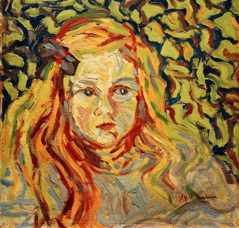 Ernst Ludwig Kirchner, Kinderköpfchen (Deutsche Kunst,Kind,Kunst,Mädchen,Mensch,Portrait,Die Brücke,Rote Haare,Haarschleife,Blonde Haare,Langes Haar,Jahrhundertwende,Brustbild,Postimpressionismus,Signatur)