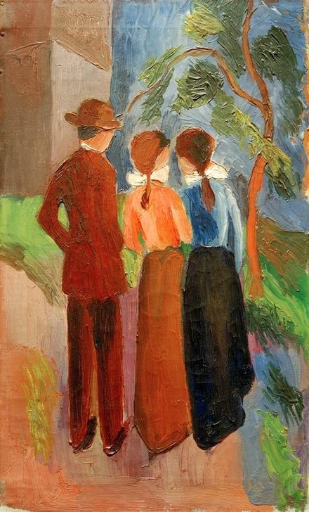 August Macke, Spaziergang zu dritt (Freizeit, Spaziergänger, flanieren, Personen,  Rückenfiguren, Mädchen, junger Mann, Fussgänger, Haarschleife, Pferdeschwanz,  Wohnzimmer, Treppenhaus, Expressionismus,  Klassische Moderne, Malerei, Wunschgröße, bunt)