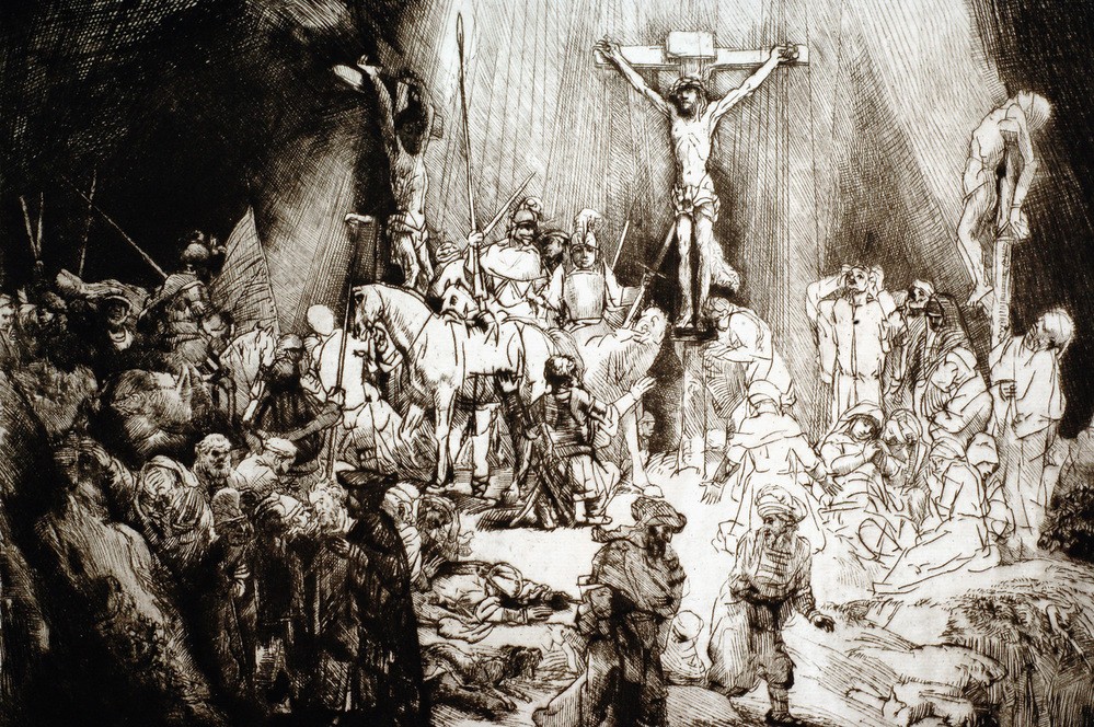 Rembrandt Harmenszoon van Rijn, Kreuzigung (Christentum,Religion,Barock,Neues Testament,Bibel,Kreuzigung,Niederländische Kunst,Passion Christi,Privatsammlung,Ausschnitt)