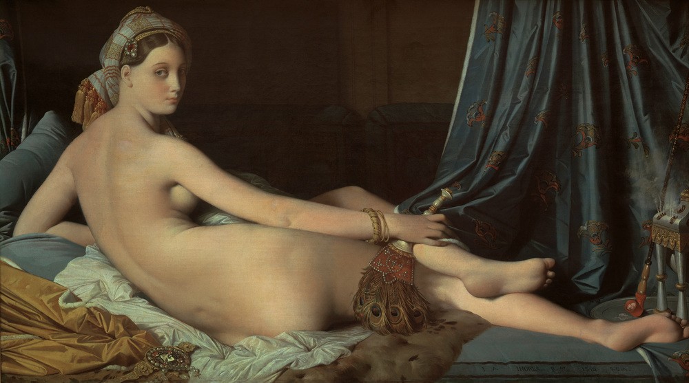 JEAN-AUGUSTE-DOMINIQUE INGRES, Une odalisque, dite La grande odalisque (Bett,Erotik,Fächer,Frau,Pfeife (Tabak),Klassizismus,Akt,Orientalismus,Harem,Rückenakt,Französische Kunst,Odaliske,Erotische Kunst,Ganzfigurig,Blick Über Die Schulter,)