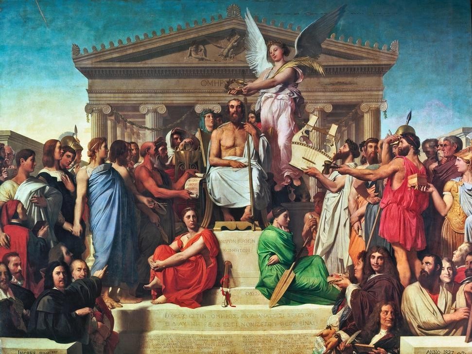 JEAN-AUGUSTE-DOMINIQUE INGRES, Homère déifié (Engel,Dichter,Literatur,Musik,Tempel,Lorbeer,Leier,Instrument,Klassizismus,Kithara,Lorbeerkranz,Französische Kunst,Dichterkrönung,Genieversammlung,Elysium,Ruhm,Antikenrezeption,Siegeskranz,Kranz,Person,Apotheose)
