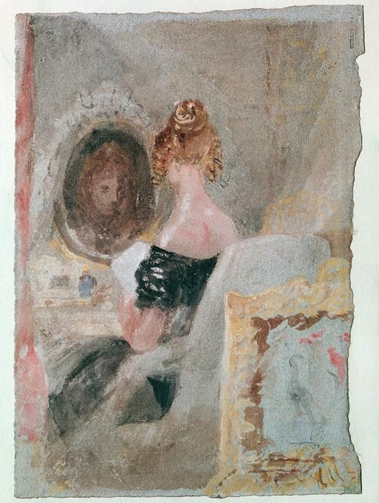 JOSEPH MALLORD WILLIAM TURNER, Interieur in Petwoath House: Frau vor dem Spiegel (Körperpflege,Bad,Frau,Morgentoilette,Spiegel,Toilette (Körperpflege),Interieur,Rückenfigur,Englische Kunst,Spiegelbild,Frauenleben,Toilettentisch,Locke,Frisur)