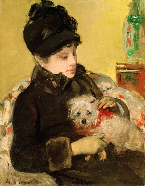 Mary Cassatt, A Visitor in Hat and Coat Holding a Maltese Dog (Besuch,Damenhut,Damenmode,Frau,Handschuh,Kopfbedeckung,Kunst,Mantel,Mensch,Mode,Impressionismus,Hut,Hund,Frauenkunst,Portrait,Tierliebe,Amerikanische Kunst,Schosshund,Haustier,Us-Amerikanische Kunst,Kleidung (Allgemein),Frau Und Tier,Tier,Malteser (Hund),)