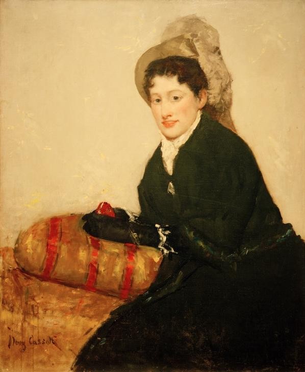 Mary Cassatt, Portrait of Madame X Dressed for the Matinee (Damenhut,Damenmode,Frau,Gesellschaftliches Leben,Handschuh,Kopfbedeckung,Kunst,Mantel,Mensch,Mode,Tageszeiten,Morgen,Impressionismus,Hut,Frauenkunst,Portrait,Kissen,Amerikanische Kunst,Lächeln,Us-Amerikanische Kunst,Kleidung (Allgemein),Ausgehen,Mimik,Sit)