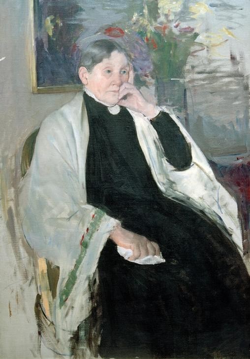 Mary Cassatt, Portrait of Katherine Kelso Cassatt (Damenmode,Familie,Frau,Künstlerin,Kunst,Malerin,Mode,Alter,Impressionismus,Frauenkunst,Portrait,Nachdenken,Mutter Von Berühmten,Mutter,Blumenstrauss,Interieur,Taschentuch,Schultertuch,Amerikanische Kunst,Trauerkleidung,Kleid,Us-Amerikanische Kunst,Kleidun)