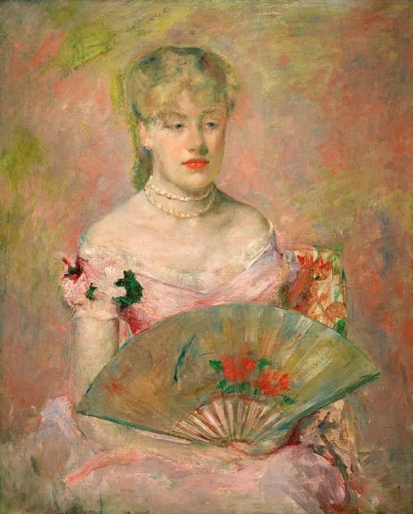 Mary Cassatt, Lady with a Fan (Anne Charlotte Gaillard) (Damenmode,Fächer,Frau,Jugend (Lebensalter),Kette (Schmuck),Kunst,Mensch,Mode,Schmuck,Impressionismus,Frauenkunst,Portrait,Halskette,Perlenkette,Amerikanische Kunst,Kleid,Us-Amerikanische Kunst,Blonde Haare,Kleidung (Allgemein),Sessel,Sitzen,Junge Frau,Hal)