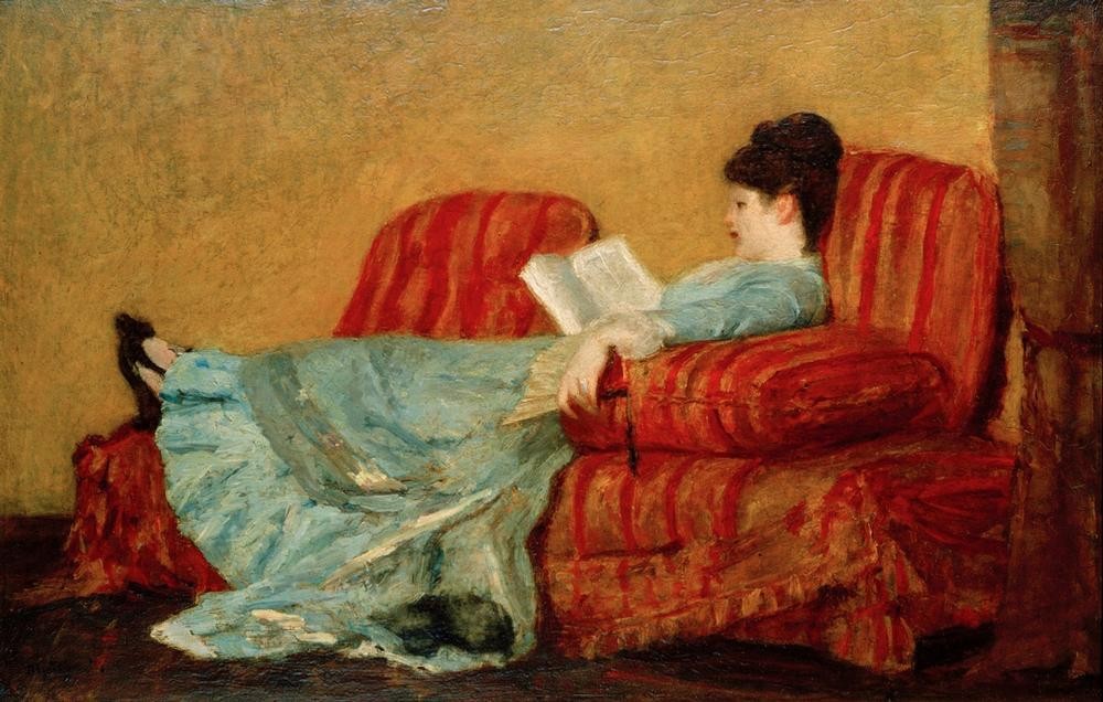 Mary Cassatt, Young Lady Reading (Buch,Frau,Jugend (Lebensalter),Kunst,Literatur,Mensch,Möbel,Freizeit,Sitzmöbel,Impressionismus,Frauenkunst,Portrait,Lesen (Allgemein),Sofa,Amerikanische Kunst,Us-Amerikanische Kunst,Frauenleben,Profil,Leserin,Sitzen,Junge Frau,Entspannung,Liegen,Hochfrisu)